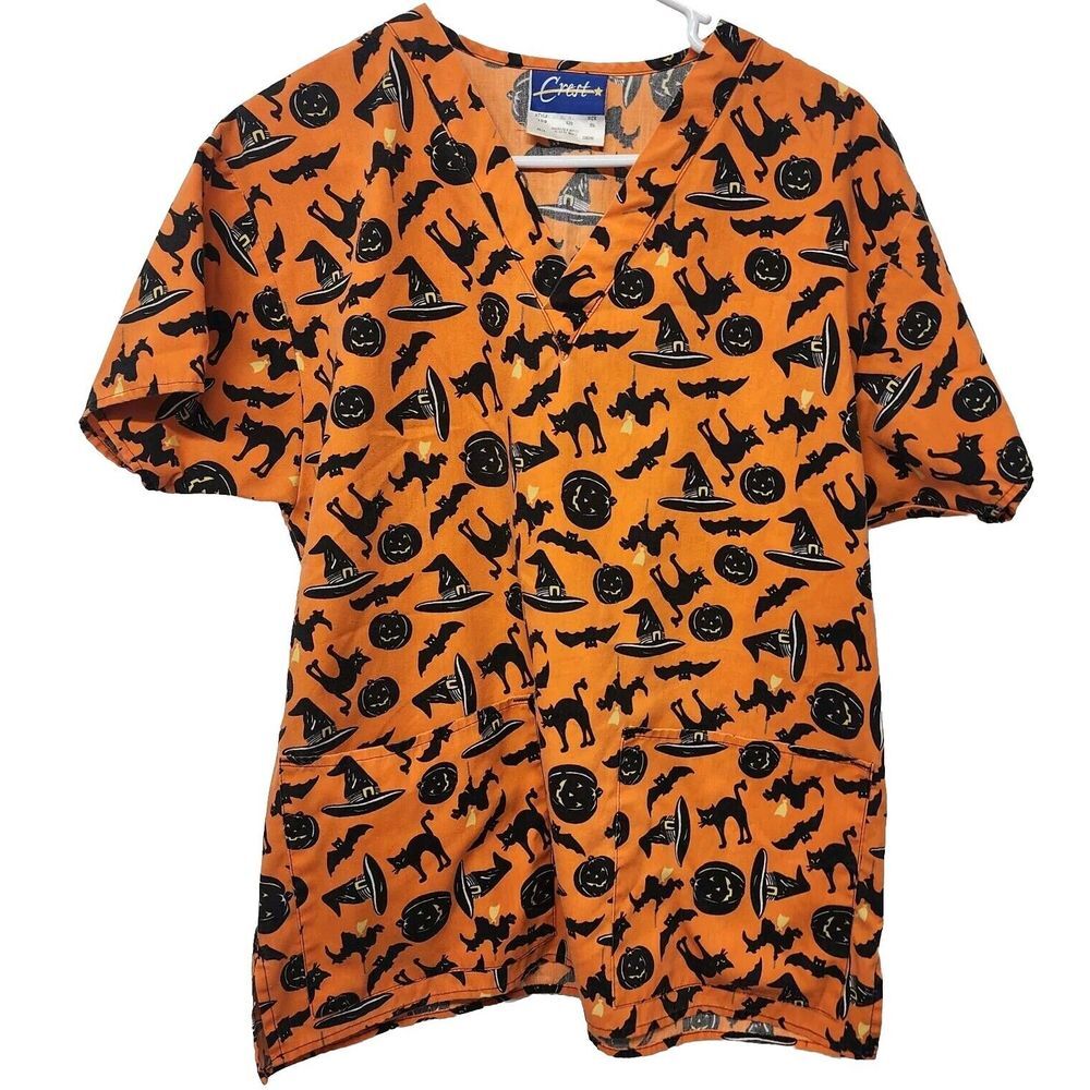 Crest Halloween‎ Print Women's Orange Medical Scrub Top Size Small